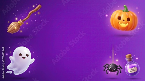 Whimsical 3d art for a happy halloween greeting card or letter, featuring cute glowing spooky elements: pumpkin, ghost, and broom, on vibrant purple.