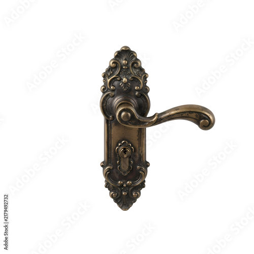 Antique brass door handle with ornate vintage design isolated on white background