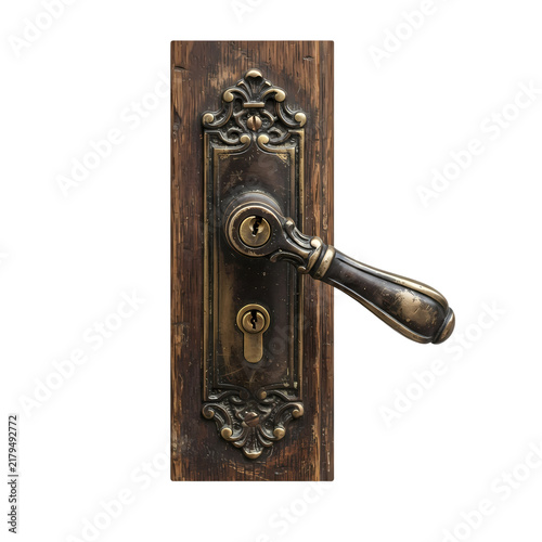 Antique brass door handle on rustic wood panel, vintage ornate metal hardware isolated.