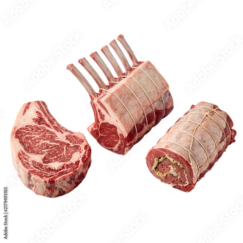 Assortment of raw meat cuts including lamb rack, beef steak and tied roast on white background