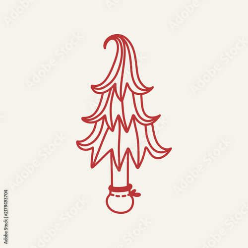 Stylized Christmas tree with flowing layered branches and a small decorative base, drawn in bold red line art on a warm cream background for festive holiday designs