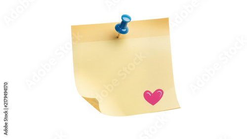 Cuadro en lienzo Yellow sticky note with pink heart and blue pushpin, isolated on transparent bac