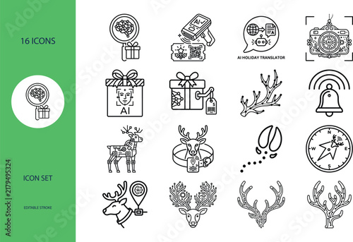 Christmas Icon Set with Reindeer and Gift Technology