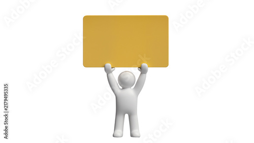 White figure holding a golden rectangular sign isolated on transparent background