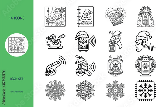 Santa and corporate technology icon set in linear style
