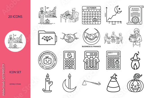 Halloween business line icon set featuring professional finance graphs and