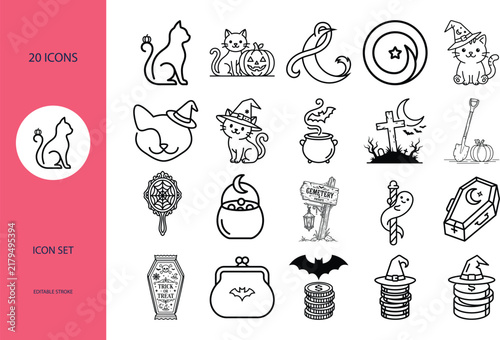 Halloween icon set featuring black line art cats witches and cemetery elements