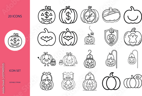 Set of halloween pumpkin line icons featuring finance and business themes