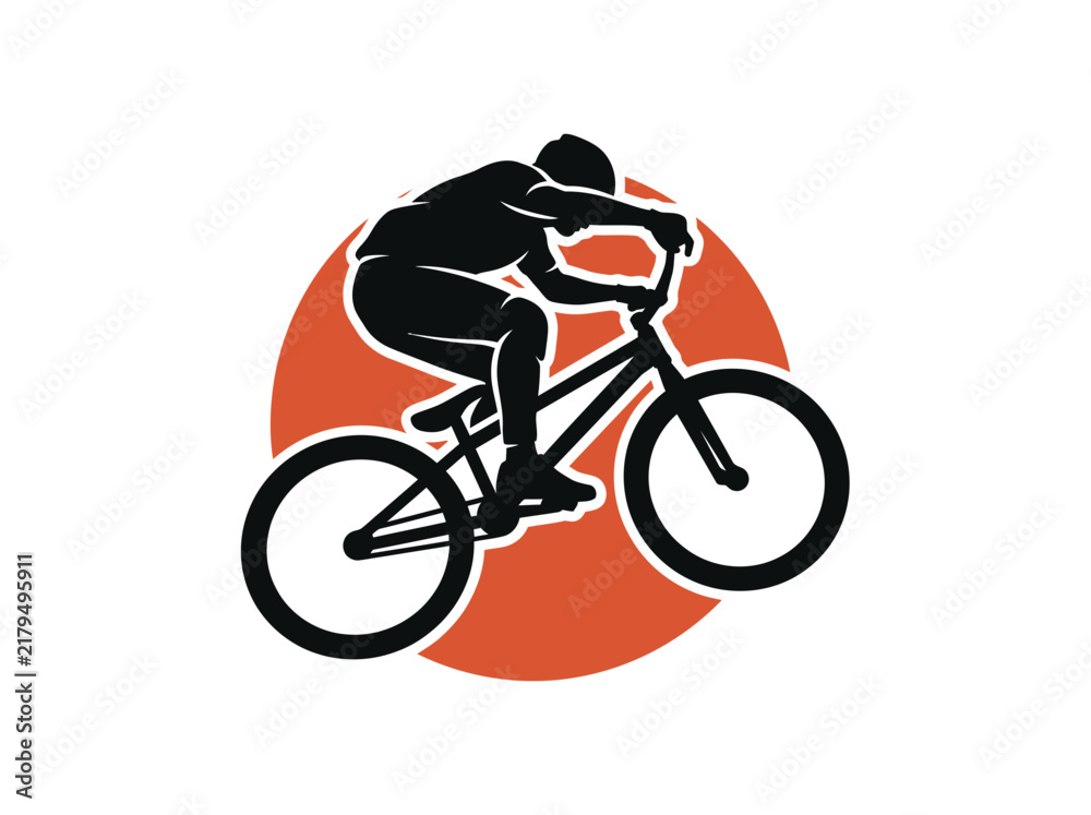 Obraz premium Jumping Stunt of Male Cyclist Rider on Bike at Urban Skatepark, Graphic Vector Illustration, Sunset Sun, Side View
