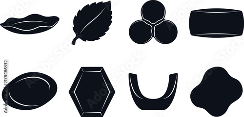Collection of black abstract silhouettes showing diverse organic and geometric forms for design, pattern, and graphic projects