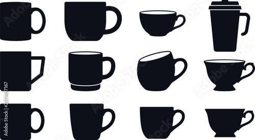 Collection of black cup and mug silhouettes showing diverse drinkware shapes for kitchen, beverage, and hospitality design