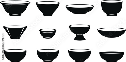 Collection of black bowl silhouettes showing diverse kitchenware shapes for dining, food presentation, and hospitality design