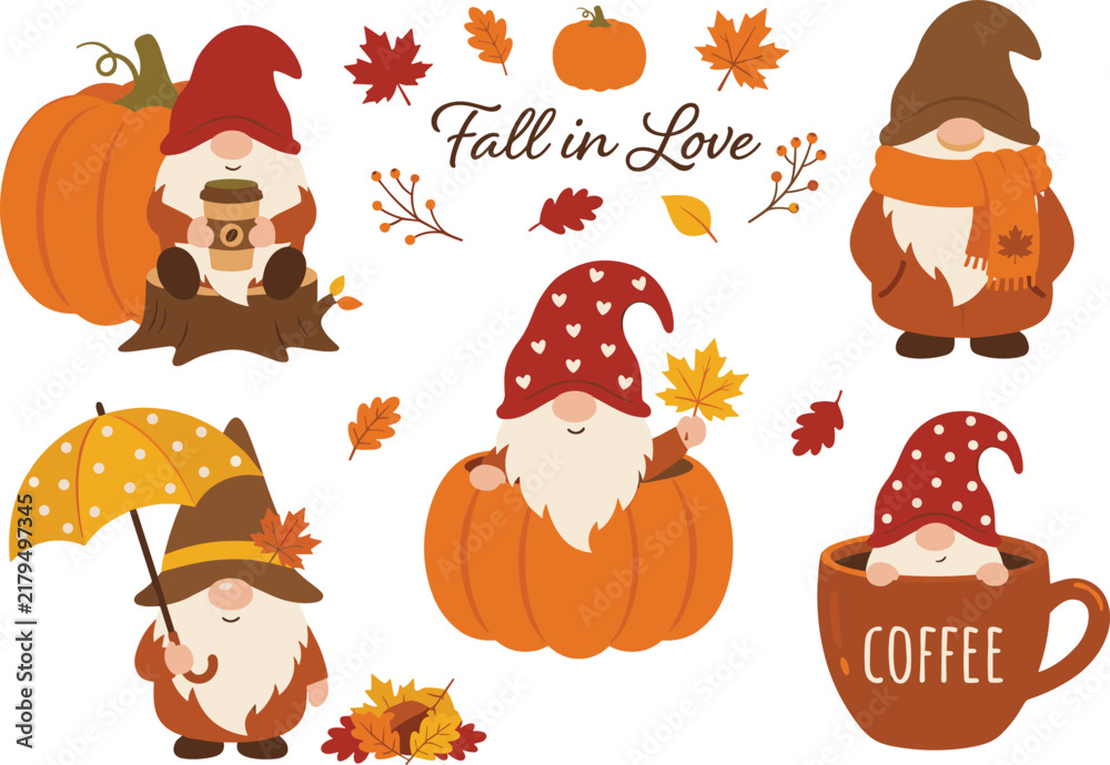 Naklejka premium Cute autumn gnomes clip-art set with dwarfs holding coffee pumpkin umbrella and fall maple leaves thanksgiving seasonal vector illustration collection