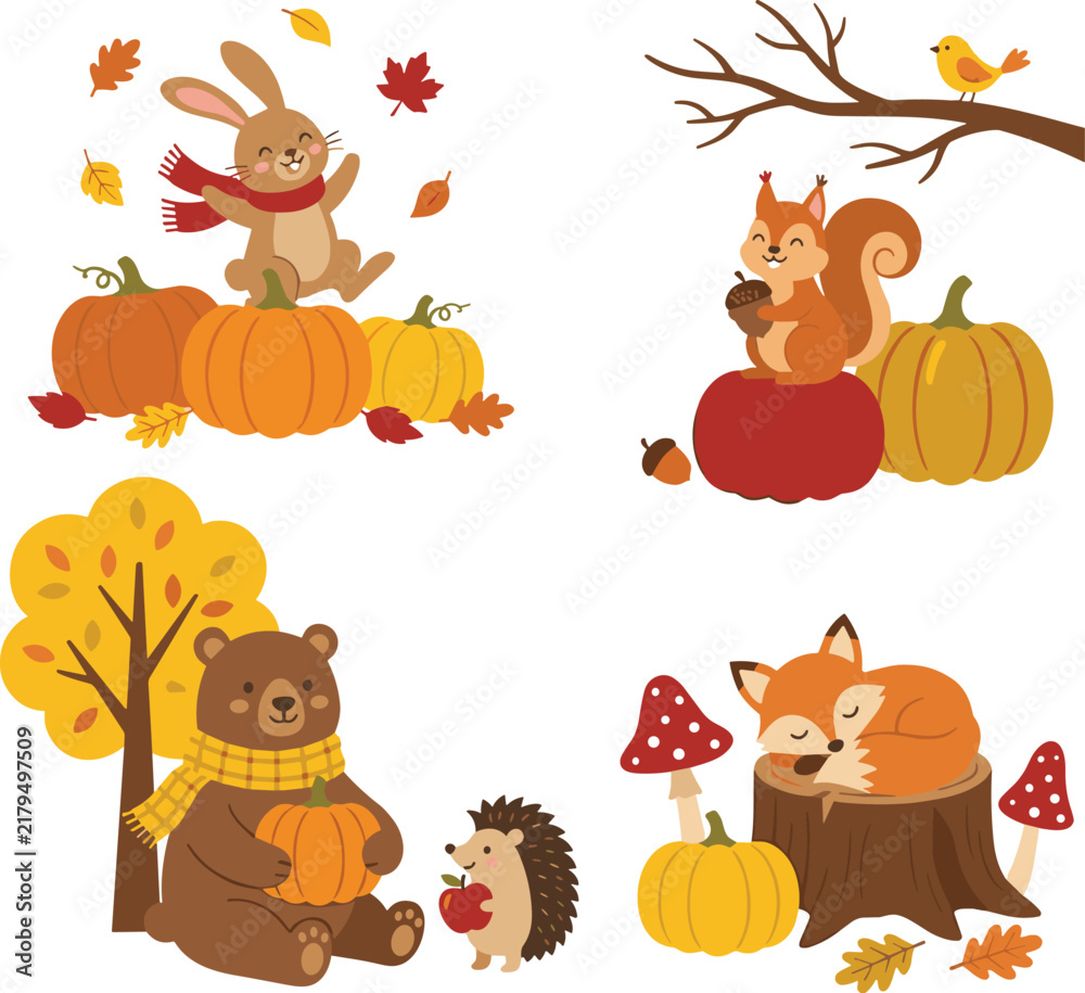 Fototapeta premium Cute autumn woodland animals set with rabbit squirrel bear hedgehog and sleeping fox near pumpkins mushrooms and fall leaves vector illustration