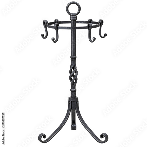 Isolated black antique wrought iron coat rack with multiple hooks and
