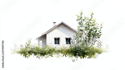Serene watercolor illustration of house surrounded by lush greenery and plants, evoking sense of tranquility and nature
