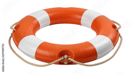 Cuadro en lienzo Orange and white life preserver ring with rope, isolated on transparent backgrou