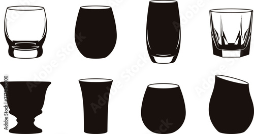 Collection of black drinking glass silhouettes showing diverse shapes for beverage, barware, and hospitality design concepts