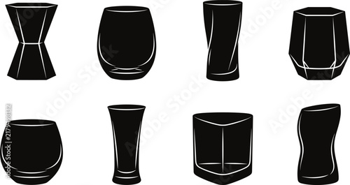 Collection of black drinking glass silhouettes with diverse shapes for beverage, barware, and hospitality design projects