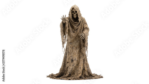 Cuadro en lienzo Grim Reaper figure with tattered robe and skeletal face, isolated on transparent