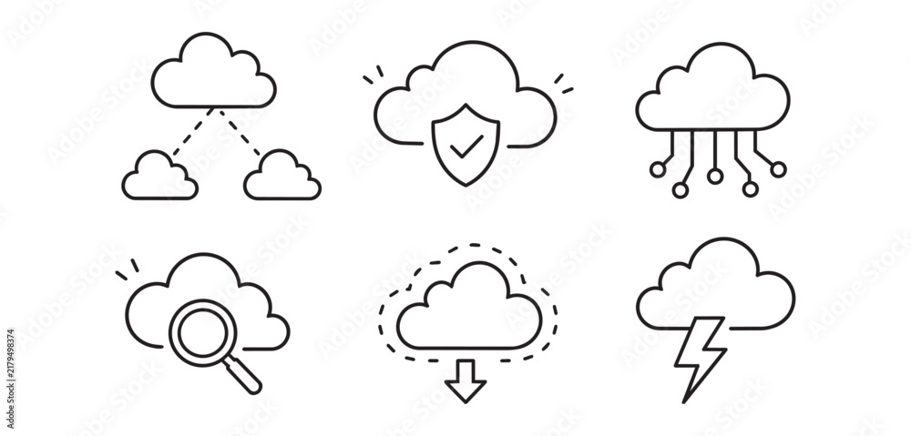 Obraz premium Hand drawn cloud technology outline icons set in black stroke showing sync security download search and storm concepts, with cloud, icon, outline, doodle detail