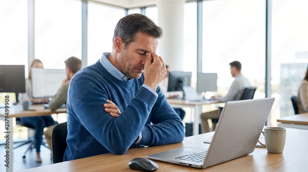 Fototapeta premium Exhausted Mature Businessman Feeling Stressed And Overwhelmed At Computer Desk In Modern Office Workspace Background.