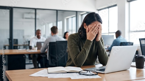 Overwhelmed female employee covering eyes at office desk feeling exhausted and stressed during a busy workday task.