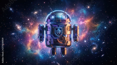 Android Robot Floating in Cosmic Nebula.