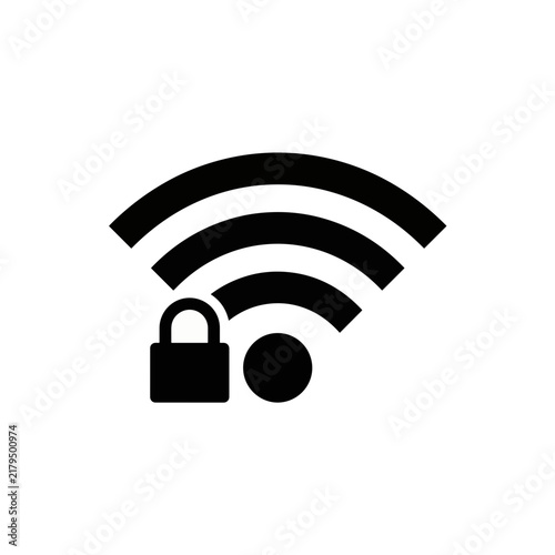 Wifi network icon with padlock security symbol. Wireless internet connection protection concept. Flat black glyph sign isolated on white background. Vector illustration for web, app and UI design