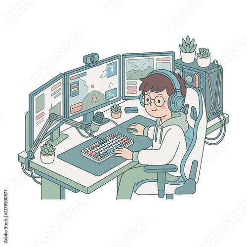 Man working at desk with computer setup and monitors, remote work and gaming concept. Flat vector illustration for banner, website, blog, office design