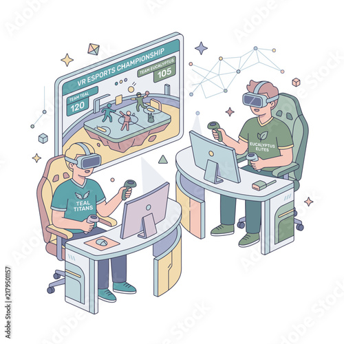 Cartoon young men and woman playing video games with computer, laptop and gamepad sitting at desk. Esport gaming tournament concept. Flat vector illustration for banner, poster, web design