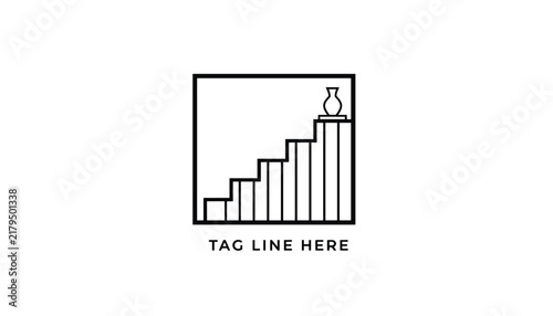 Minimalist geometric architecture logo showing line art steps of staircase with ceramic vase on top platform inside square frame.