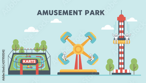 Amusement park flyer with cart racing track, rotating amusement ride, and red and white drop tower ride under blue sky.