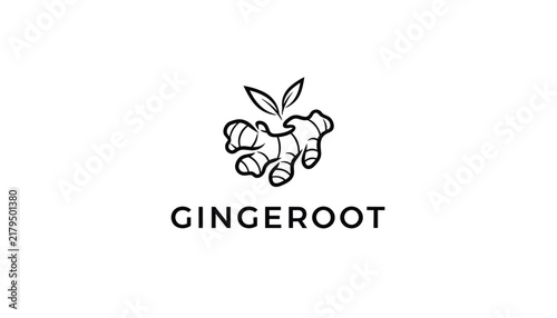 Minimalist organic logo showing black outline of fresh ginger root with green leaves on clean white background.
