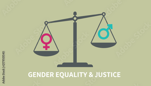 Conceptual illustration representing gender equality and justice with female and male symbols balanced on a scale of justice.