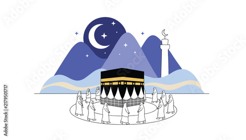 Muslim pilgrims performing Hajj around the Kaaba at night with beautiful mountains and crescent moon in the background.
