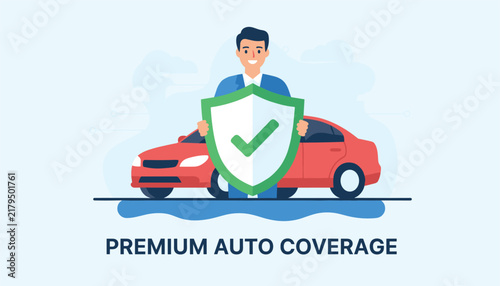 Professional car insurance agent holding a green security shield with a checkmark in front of a red modern car.