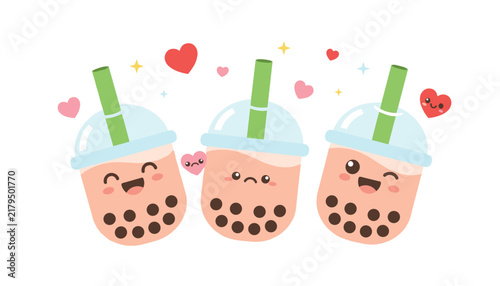 Three adorable bubble tea cups with cute cartoon faces and sweet floating hearts representing different feelings.
