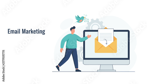 Creative vector graphic representing email marketing with a man sending electronic messages on a computer monitor.
