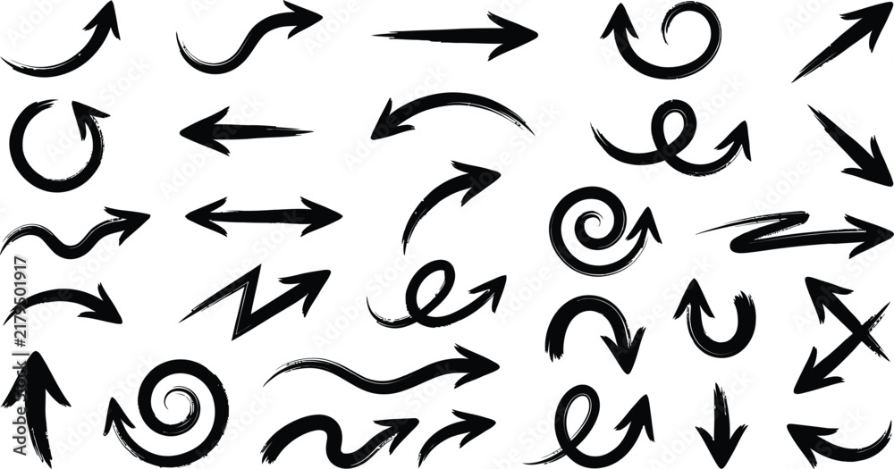 Fototapeta premium Hand Drawn Brush Arrows Set Grunge Sketch Pointers and Directional Vector Icons Collection 