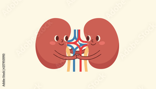 Two cute human kidney characters with friendly smiling faces holding hands to represent kidney health awareness.