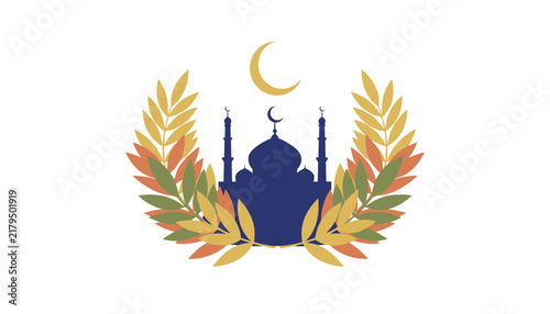 Beautiful Islamic mosque silhouette framed by elegant leafy branches under a golden crescent moon representing religious holidays.