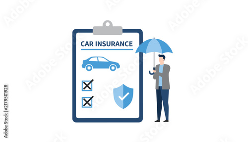 Smart driver standing under a blue umbrella next to a large car insurance checklist clipboard with security ticks.