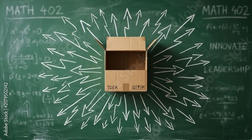Cardboard Box with Arrows Pointing Outward on a Chalkboard.