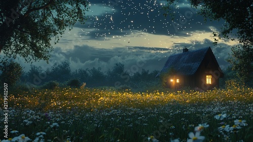 House in the middle of a flower garden