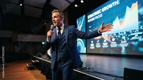 Confident Businessman Delivers Engaging Presentation on Strategic Growth to Audience.