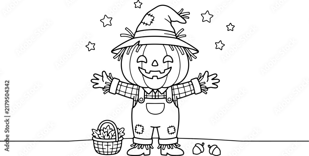 Fototapeta premium A festive halloween coloring page featuring a cute pumpkin scarecrow character standing with open arms for children to color