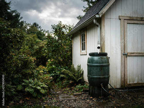 Dark green rain barrel filling from a downspout beside a weathered shed
