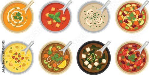 Delicious hot soup set vector illustration featuring various traditional creamy and vegetable soup bowls