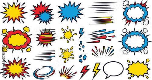 Set of colorful comic book explosion effects, speech bubbles, speed lines, and graphic elements.